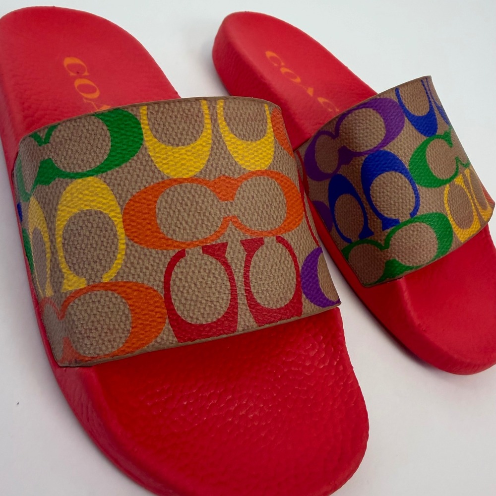 Coach Udele Sport Slides Rainbow Pride Signature Monogram Red Sandals Womens 5B - Picture 2 of 6